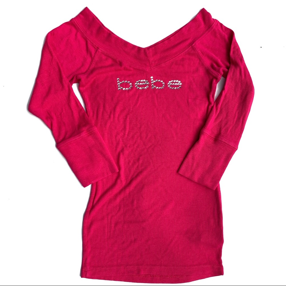 Bebe Rhinestone Logo 3/4” Sleeve Ribbed Top